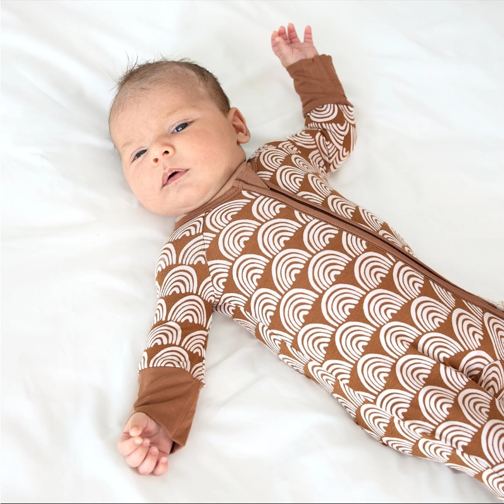 Brown and White Baby Onesie with Rainbow Pattern Little Sleepies